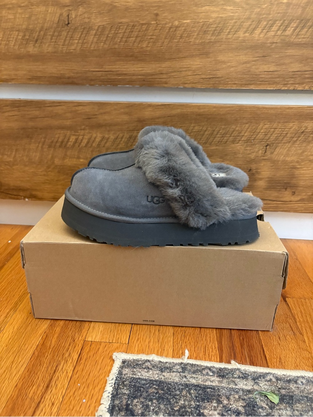 UGG Women's Grey Suede Fur-Lined Slide Slippers